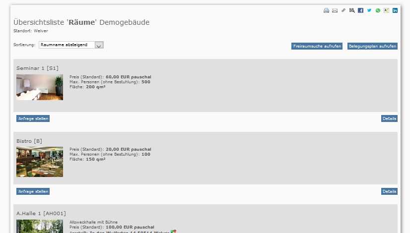 Beispiel Seite einer Übersichtsseite Räume