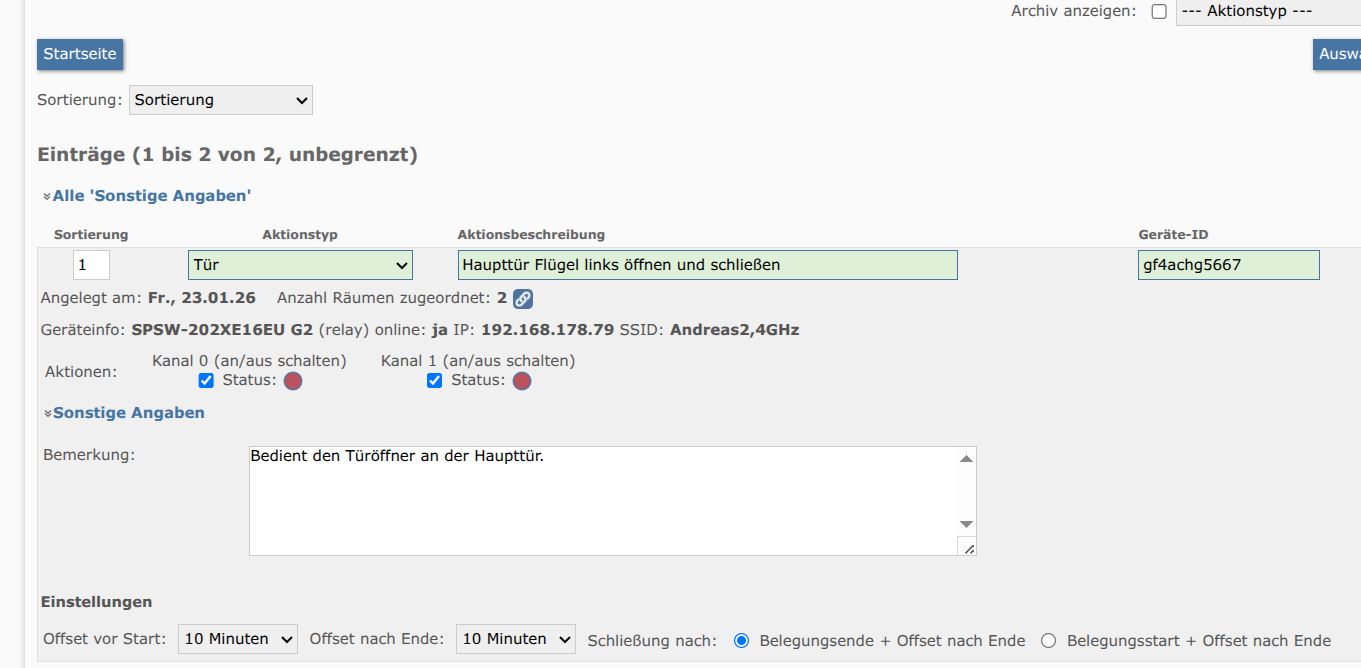 Steuerung von Shelly-Aktionen in der Raumverwaltung