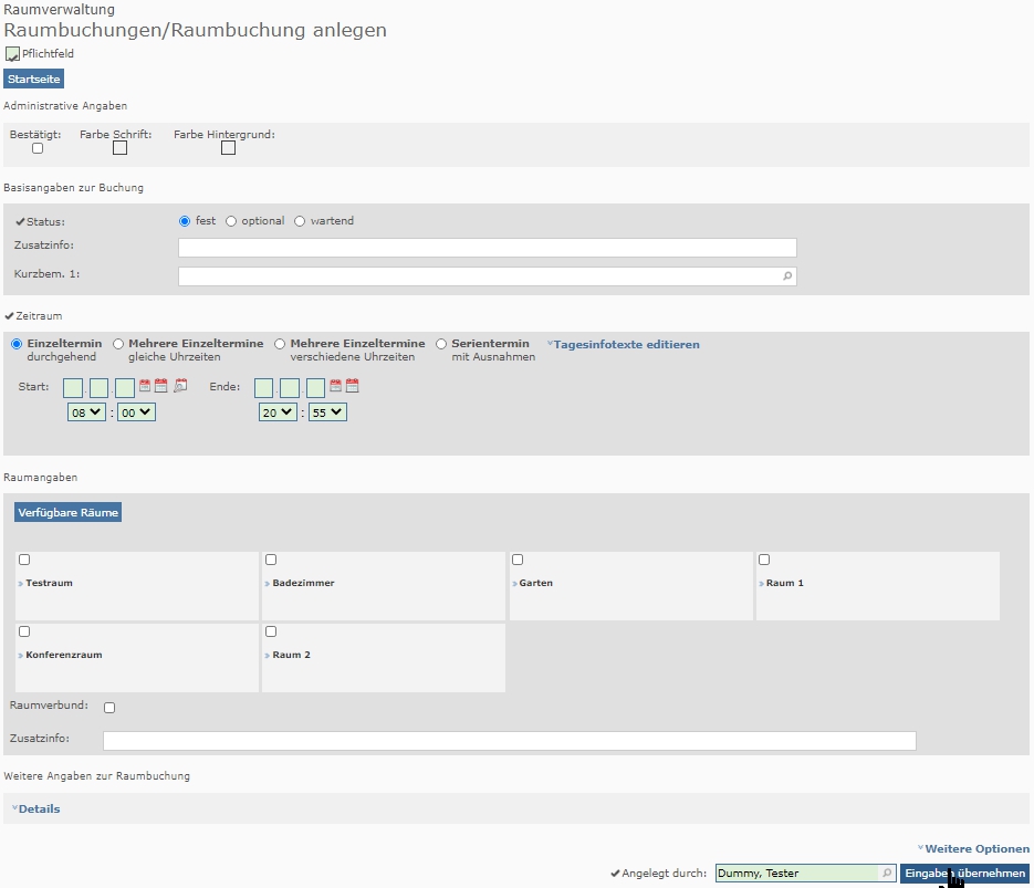 Raumbuchungsmaske (komplett) mit weniger Eingaben