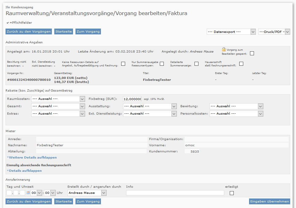 Veranstaltungsvorgang Angaben zur Faktura Teil 1