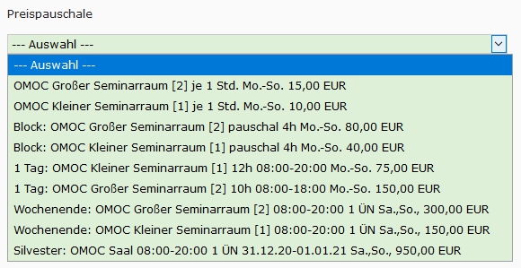 Auswahl Preispauschalen Anfrageformular