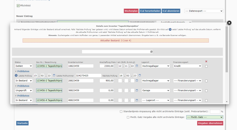 Inventarverwaltung mit Prüfdaten und Schnelleingabe für Inventur