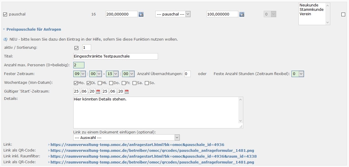 Preisvarianten für Räume - Anfragepauschale pauschal